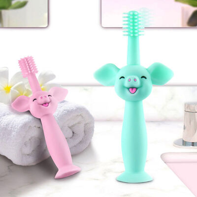 satın al Gıda Sınıfı Silikon Bebek Diş Fırçası Karikatür Domuz Bebek Diş Çıkarma Oyuncağı Yumuşak Tüylü Ağız Bakımı Eğitim Vantuzlu Taban online manufacture