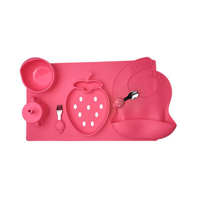 BPA Free Silikon Bebek Besleme Seti Çilek Şekli Kase Kaşık Önlük Seti